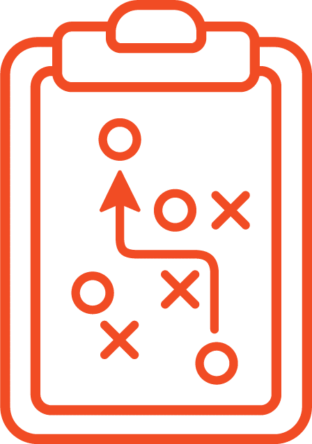 Orange icon of a clipboard with X's and O's with an arrow for a game plan