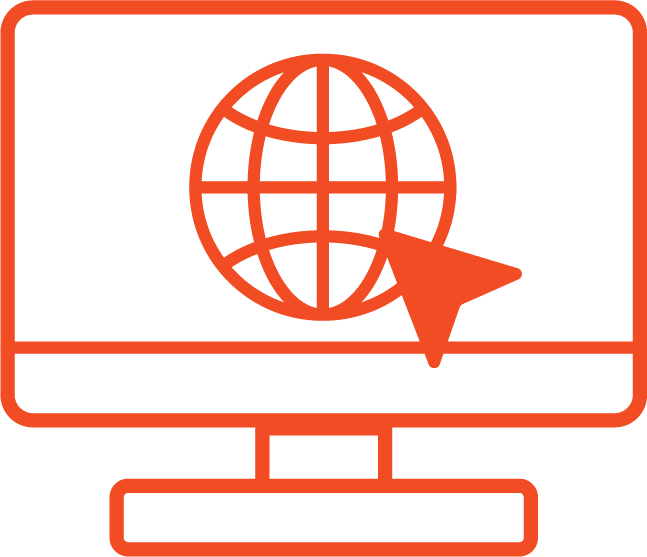 Orange icon of a computer monitor with a globe and arrow representing a website
