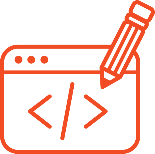 Orange icon with a pencil and screen representing custom code for a website