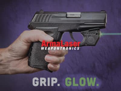 Handgun with green laser on purple background with AmaLaser logo