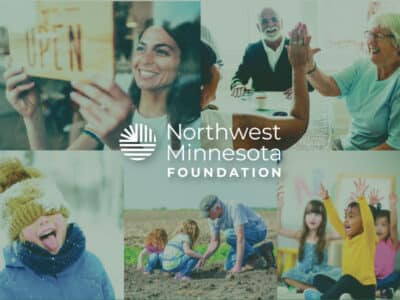 Photo collage of women, men, and children smiling and laughing with Northwest Minnesota Foundation logo