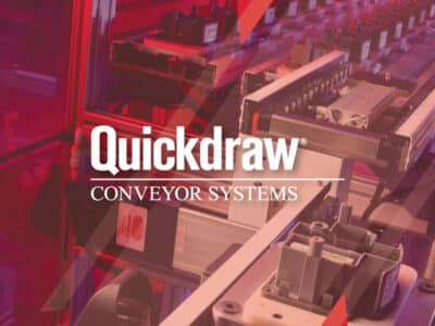 Abstract color overlay over conveyor machinery with Quickdraw Conveyor Systems logo