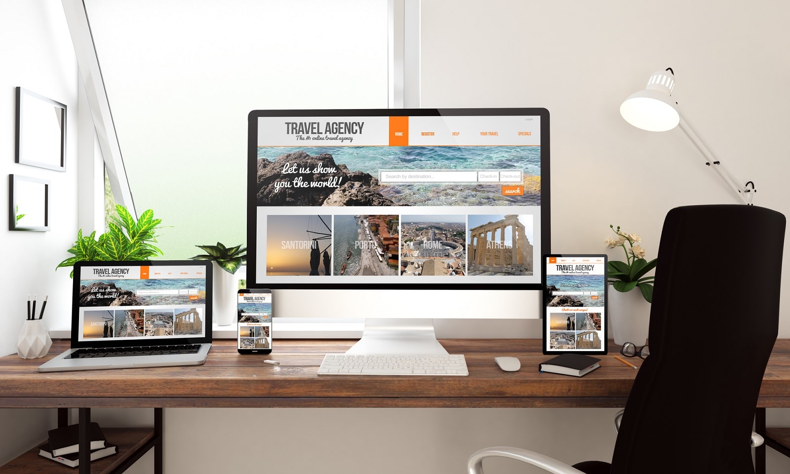 Windowed home office with travel agency website on desktop, laptop, table and mobile device
