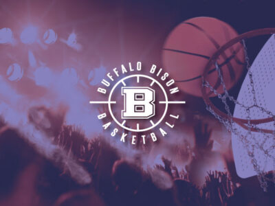 Abstract crowd cheering as basketball goes through hoop with Buffalo Bison Basketball logo