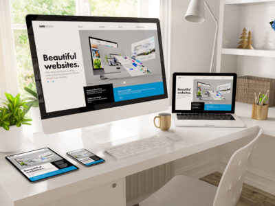 Home office desktop showing web design creator 3d rendering