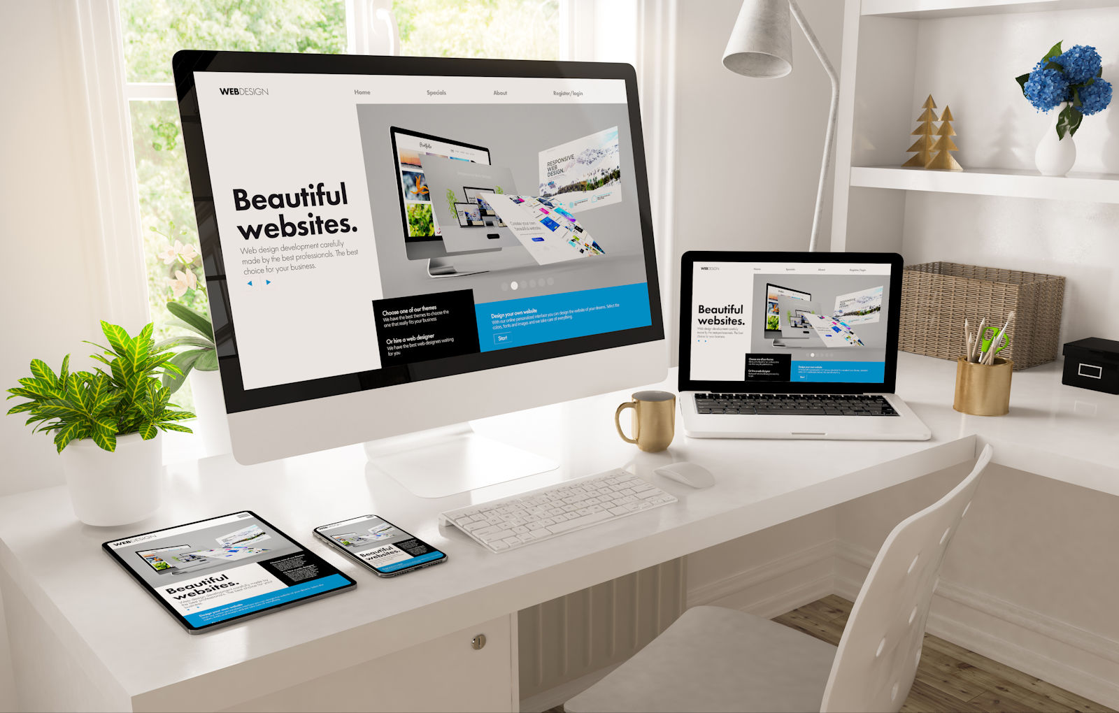 Home office desktop showing web design creator 3d rendering