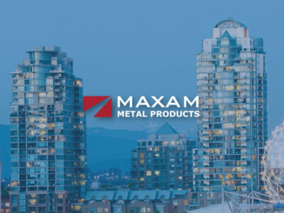 Tall buildings and skyline with Maxam Metal Products logo