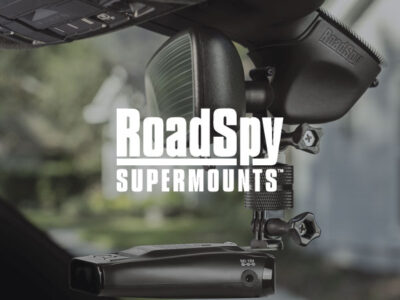 Camera and radar mount on rear view mirror with RoadSpy SuPERMOUNTS logo