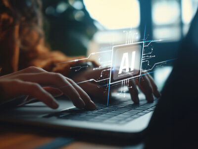 Human interact with AI artificial intelligence on laptop computer