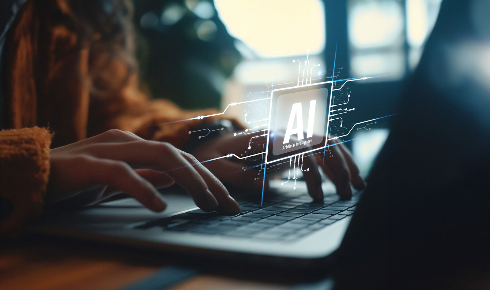 Human interact with AI artificial intelligence on laptop computer