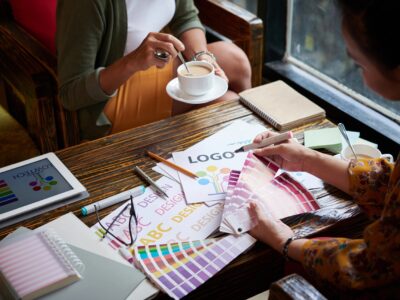 Designers working with color palette for brand