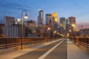 Downtown Minneapolis skyline view from bridge