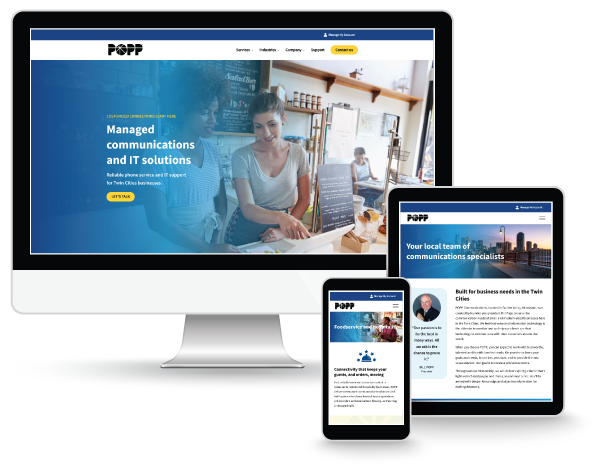 POPP Communications website on desktop, tablet and mobile screens