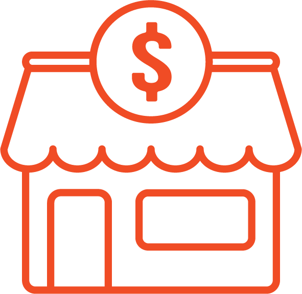 Orange icon of a store with a money sign