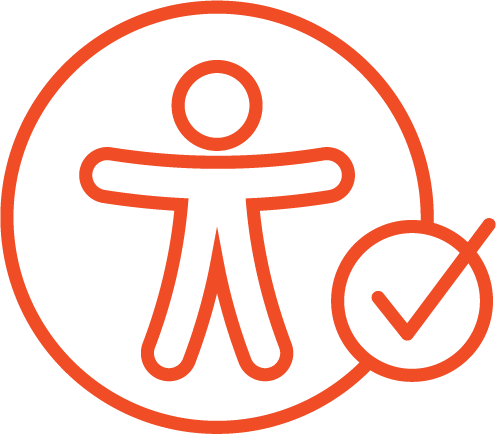 Circle with outline of a person and a checkmark for accessibility