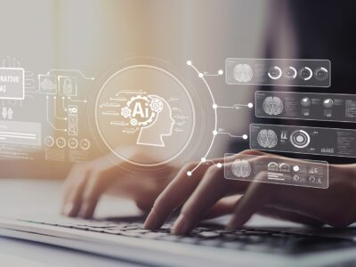 Human interact with AI artificial intelligence brain processor on a computer