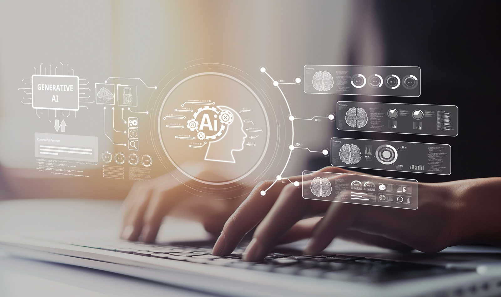 Human interact with AI artificial intelligence brain processor on a computer