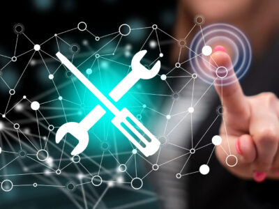 Woman touching a maintenance system concept on a touch screen with her finger