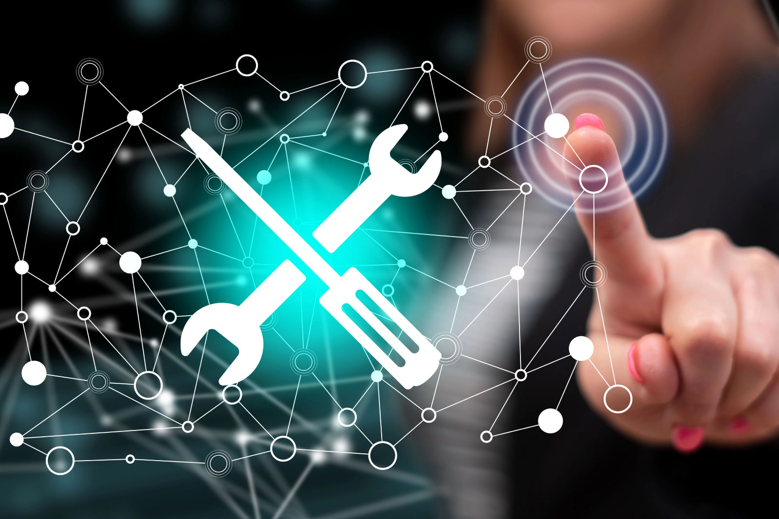 Woman touching a maintenance system concept on a touch screen with her finger