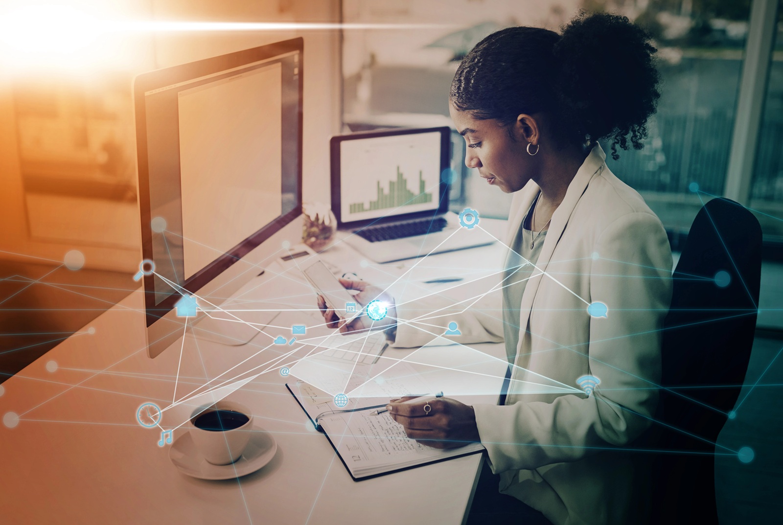 woman at computer writing at desk for research, innovation and technology abstract