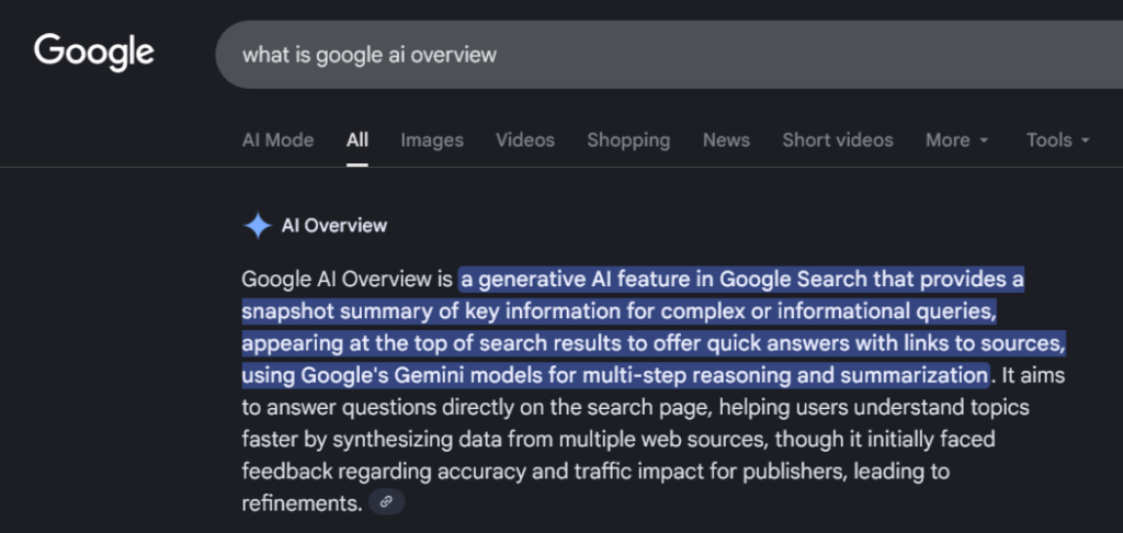 Screenshot of search of term Google AI overview  on Google search engine