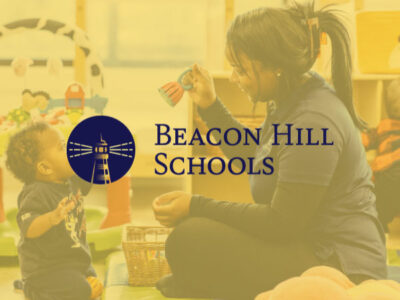 Beacon Hill Schools logo overlaying on yellow with caregiver and child in background