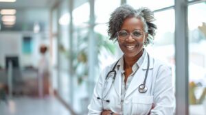 Elderly Afro-American female doctor in white professional clothes, woman smiling.
