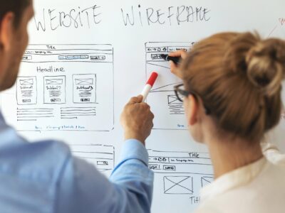 Website designers working on new website wireframe in office