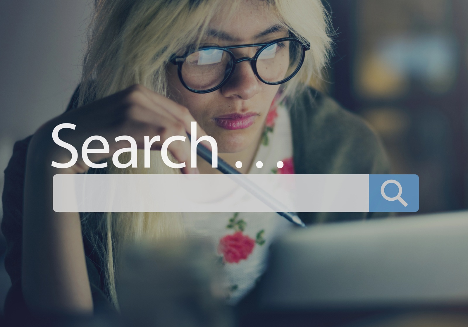 Woman searching online with search box overlay
