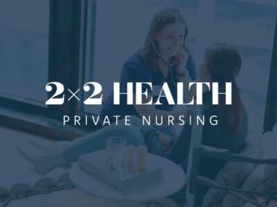 2x2 Health logo overlaying on dark blue with nurse and patient in background