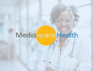 Mediaspace Health logo overlaying on light blue with senior Afro-American female doctor