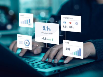 Digital marketing analytics dashboard showing conversion rate, engagement, traffic growth, email performance and customer acquisition