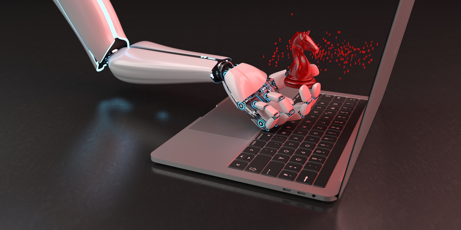 Robot hand with trojan horse and notebook on the dark background.