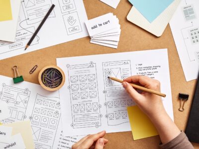 designer working at desk with several website wireframe sketches and sitemap