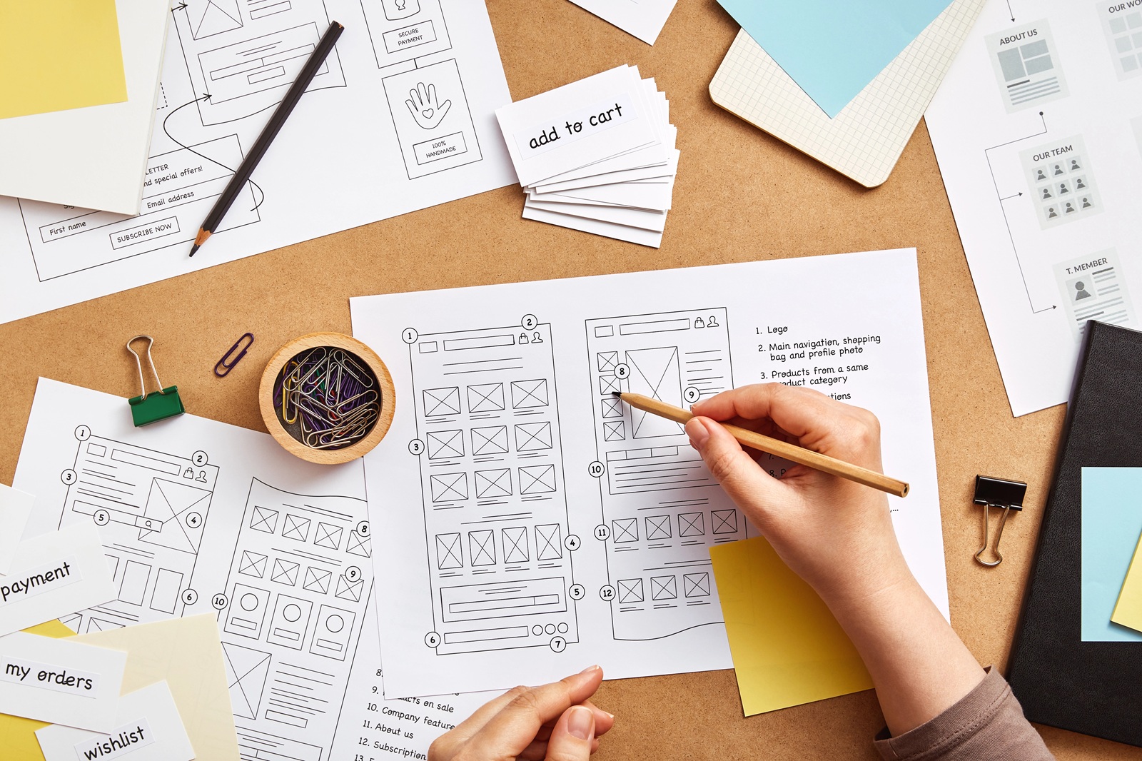 designer working at desk with several website wireframe sketches and sitemap