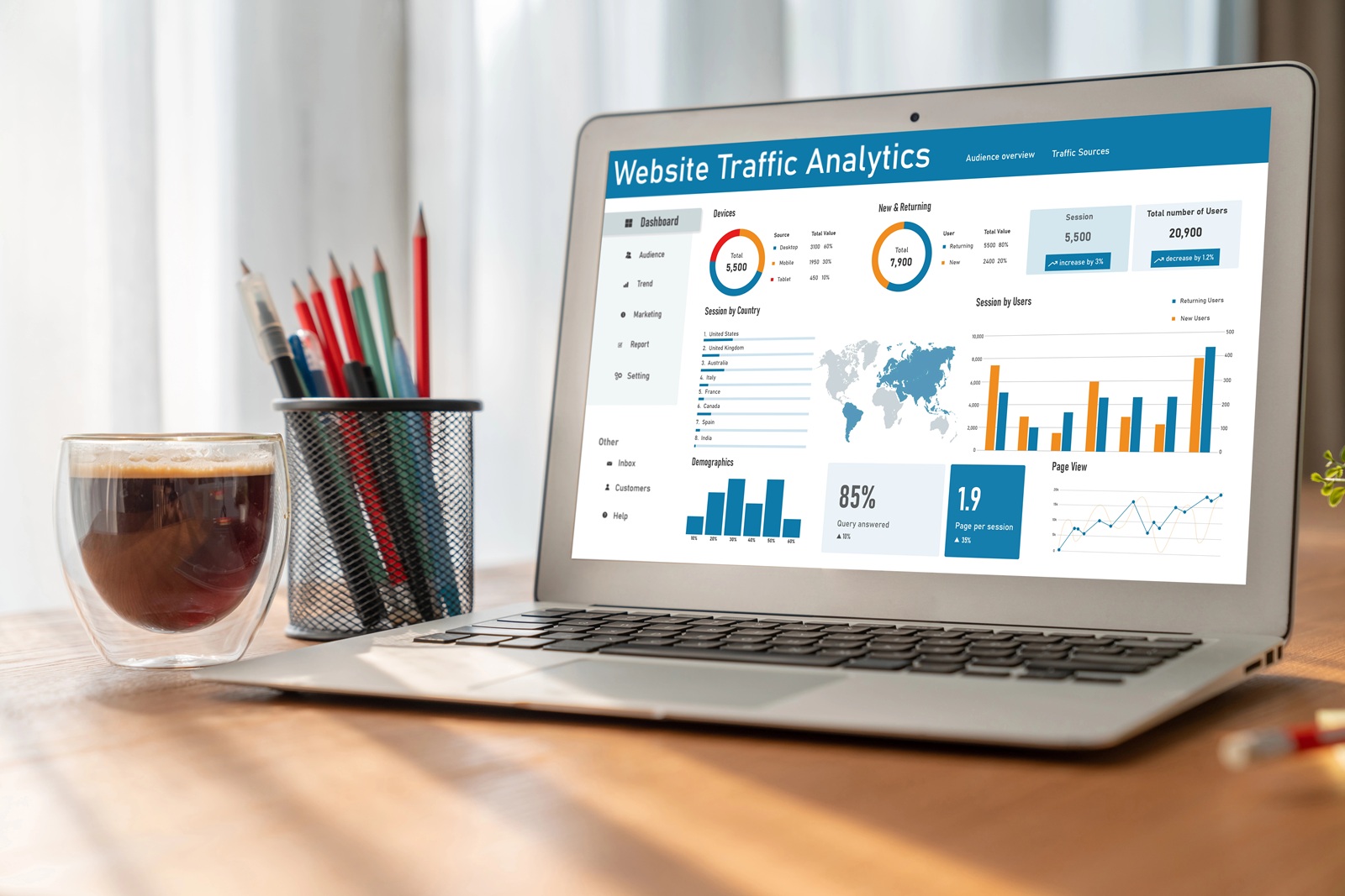 Laptop computer on desk with website traffic graphs and location information